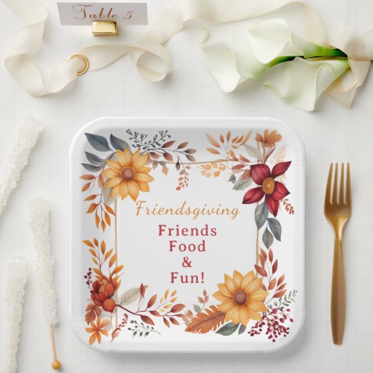 Elegantes Herbst Floral Frame Friendsgiving Abende Pappteller (Hochzeit)