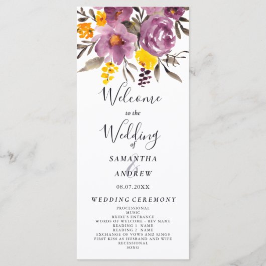 Elegantes Herbst-lila Hochzeitsprogramm Programm (Vorderseite)