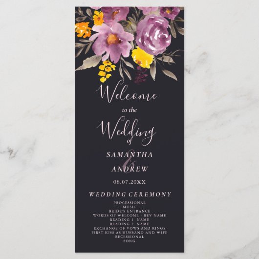 Elegantes Herbst-lila Hochzeitsprogramm Programm (Vorderseite)