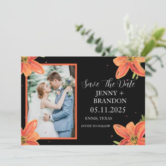 Elegantes Herbst Wasserfarben Schwarzes Foto Save The Date (Stehend Vorderseite)