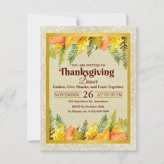 Elegantes HerbstlaubGoldfolie Thanksgiving-Dinner Einladung