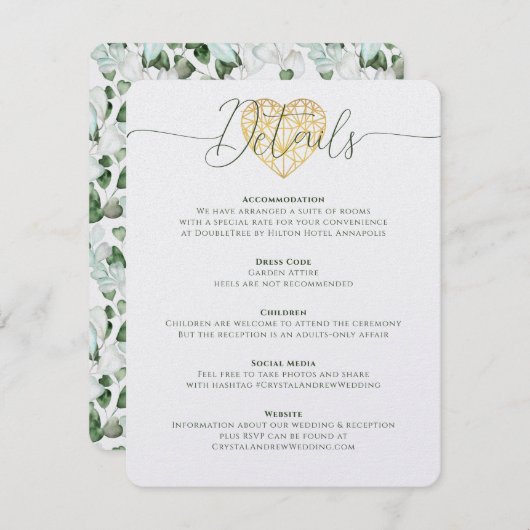 Elegantes Herz Eukalyptus Foliage Hochzeitdetails Einladung (Vorne/Hinten)