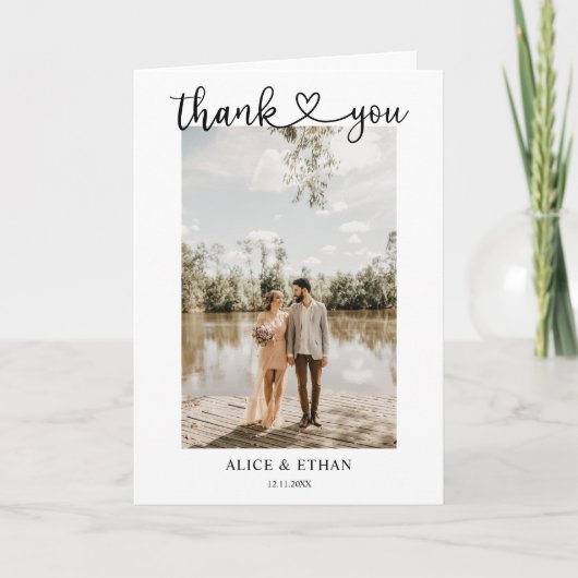Elegantes Herz-Kalligrafie-Foto Hochzeit Dankeskarte (Vorderseite)
