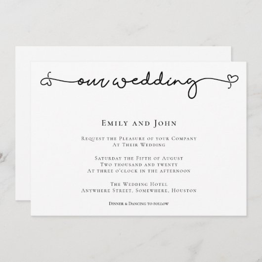 Elegantes Herz Swash Skript Schwarzer Text Hochzei Einladung (Vorne/Hinten)