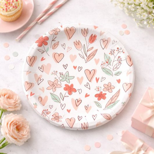 Elegantes Herz und Blume Pappteller