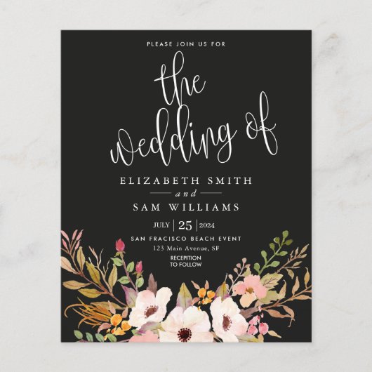 Elegantes Hochzeitbudget Schwarze Flora Flyer (Vorne)