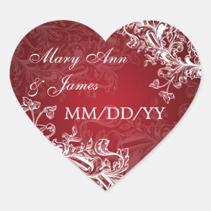 Elegantes Hochzeitdatum Vintage Wirbel Rot Herz-Aufkleber