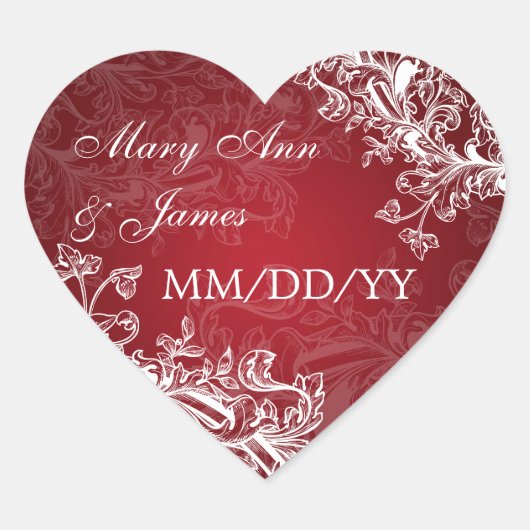 Elegantes Hochzeitdatum Vintage Wirbel Rot Herz-Aufkleber (Vorderseite)