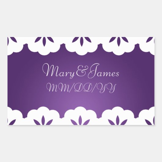 Elegantes Hochzeitdatum Weiße Spitzen Lila Rechteckiger Aufkleber (Vorderseite)