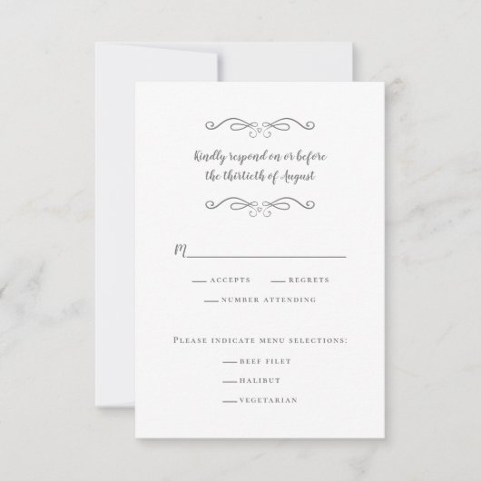 Elegantes Hochzeitessen Klassisch Weiß & Grau Deli RSVP Karte (Vorderseite)