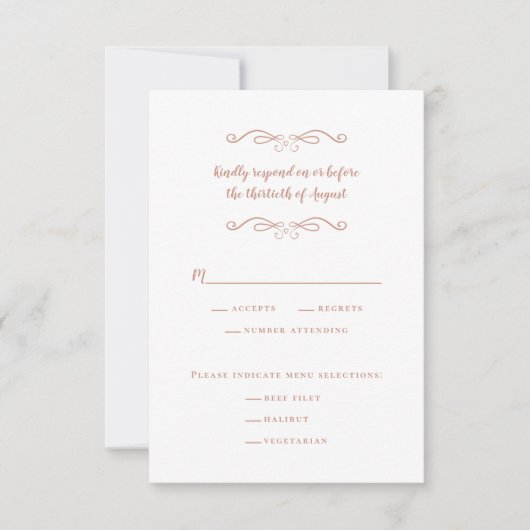 Elegantes Hochzeitessen Weiß & Rose Rosa Minimalis RSVP Karte (Vorderseite)