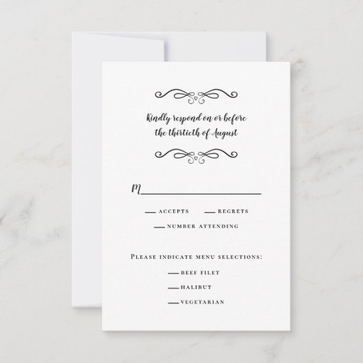 Elegantes Hochzeitessen Weiß & Schwarz Klassisch RSVP Karte (Vorderseite)