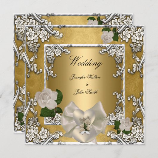 Elegantes HochzeitGold Cream Rose Silver Einladung (Vorne/Hinten)
