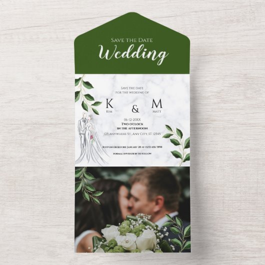 Elegantes Hochzeitgrün-Foliage-Foto Save the Date All In One Einladung (Innen Boden)