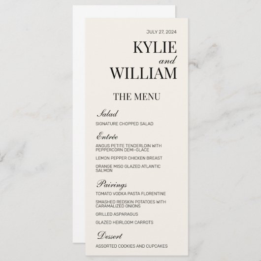 Elegantes Hochzeitmenü Beilage Programm (Vorne/Hinten)
