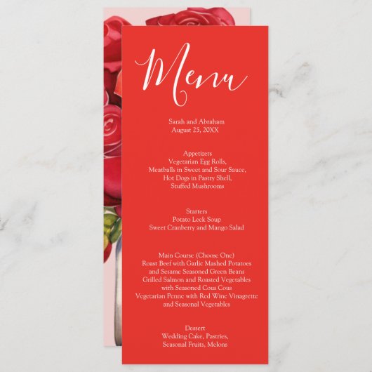 Elegantes Hochzeitmenü für Rote Rosen Menükarte (Vorne/Hinten)