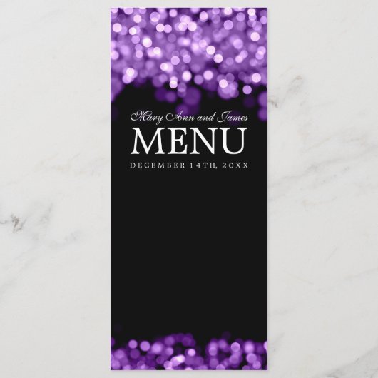 Elegantes Hochzeitmenü Lila Lichter Menükarte (Rückseite)