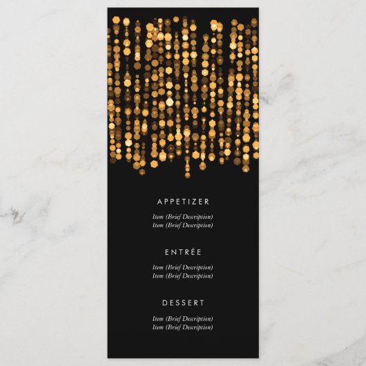 Elegantes Hochzeitmenü Moderne goldene Lichter Menükarte (Vorderseite)