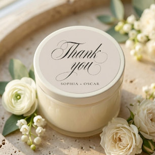 Elegantes Hochzeits-Danksagungs-Script in Beige Runder Aufkleber