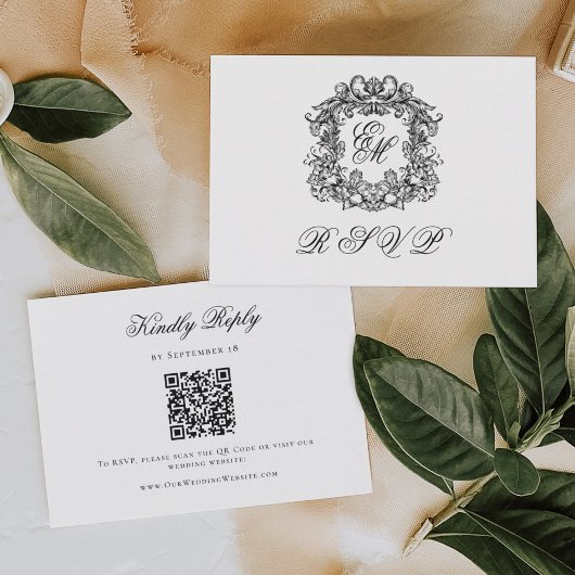 Elegantes Hochzeits-QR-Code mit Monogrammwappen RSVP Karte