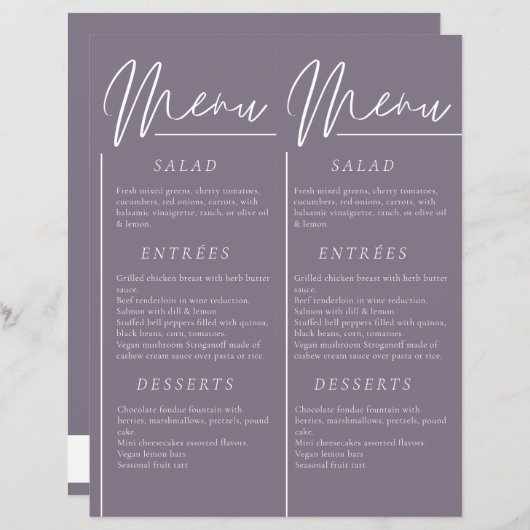 Elegantes Hochzeitsaquarell lila Doppelmenü (Vorne/Hinten)
