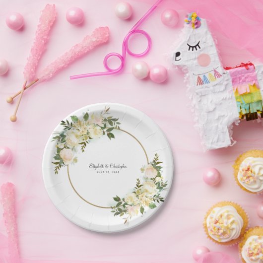 Elegantes HochzeitsblumenwasserFarbe Gold Weißes P Pappteller (Party)