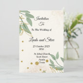 Elegantes Hochzeitsempfang, beige grünes Gold Einladung (Stehend Vorderseite)