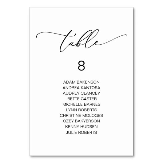 Elegantes Hochzeitsessen, Gästekarte Tischnummer (Vorderseite)