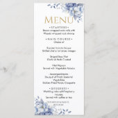 Elegantes Hochzeitsessen in Blau und Gold Menükarte (Vorderseite)