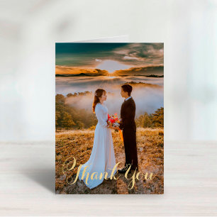 Elegantes Hochzeitsfoto mit Goldschrift Dankeskarte