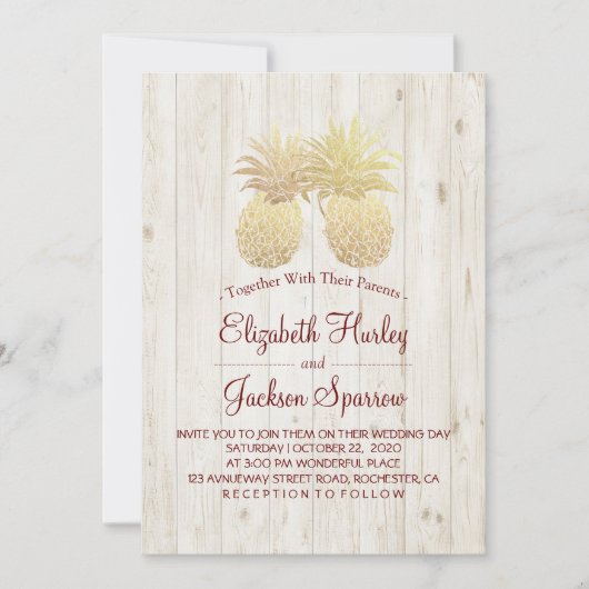Elegantes Hochzeitsgold Ananas Couple Rustikales H Einladung (Vorderseite)