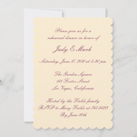 Elegantes Hochzeitsgown Probe Dinner Einladung (Rückseite)