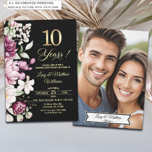 Elegantes Hochzeitsjubiläumsfoto Gold Blumen 10 Ja Einladung