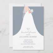 Elegantes Hochzeitskleid auf Dusty Blue Brautparty Einladung (Vorderseite)