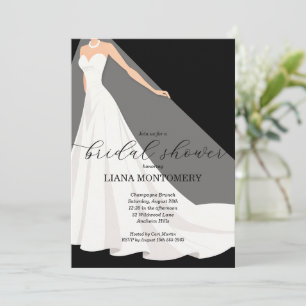 Elegantes Hochzeitskleid auf schwarzer Brautparty Einladung