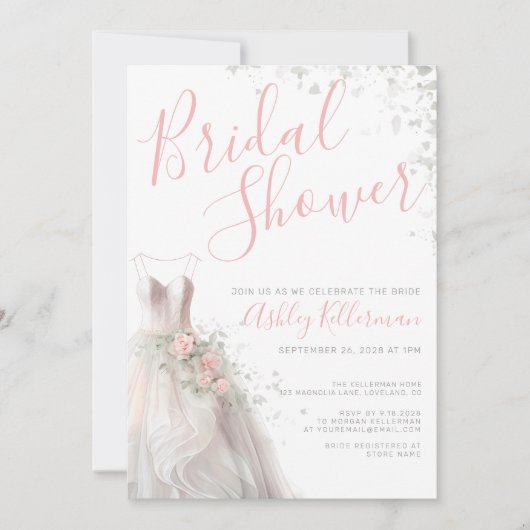 Elegantes Hochzeitskleid-Brautparty Einladung (Vorderseite)