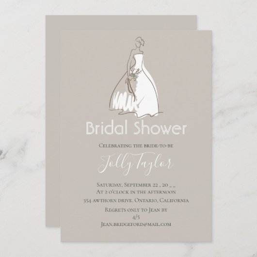 Elegantes Hochzeitskleid-Brautparty Einladung (Vorne/Hinten)