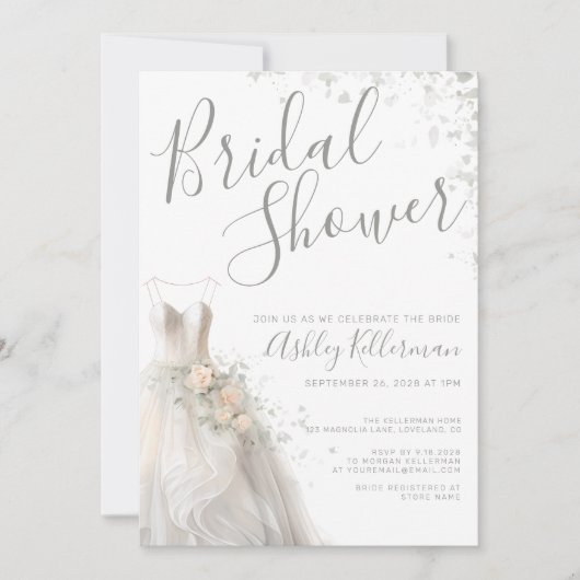 Elegantes Hochzeitskleid-Brautparty Einladung (Vorderseite)