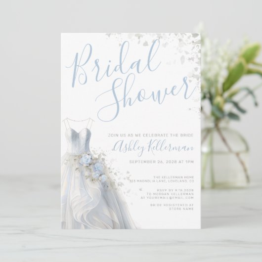 Elegantes Hochzeitskleid-Brautparty Einladung (Stehend Vorderseite)