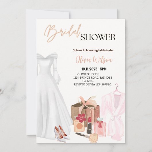 Elegantes Hochzeitskleid Brautparty Party Einladung (Vorderseite)