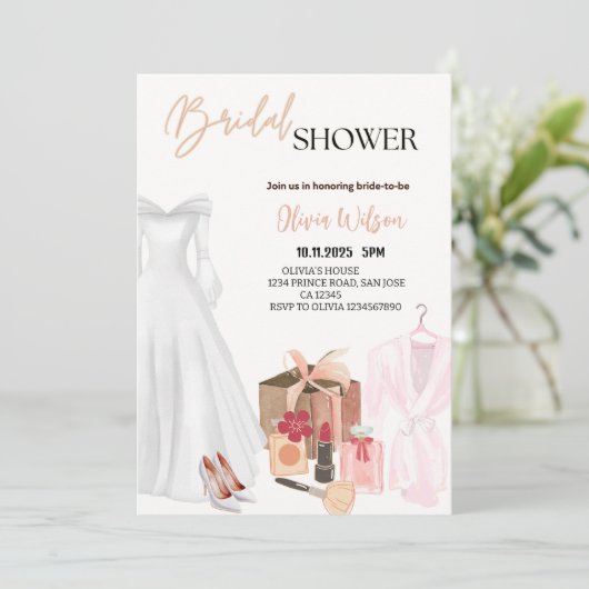 Elegantes Hochzeitskleid Brautparty Party Einladung (Stehend Vorderseite)