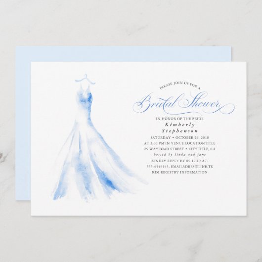 Elegantes Hochzeitskleid Dusty Blue Brautparty Einladung (Vorne/Hinten)
