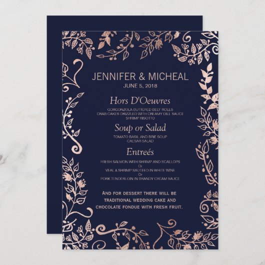 Elegantes Hochzeitsmenü der Blue Rose Gold Floral Menükarte (Vorne/Hinten)