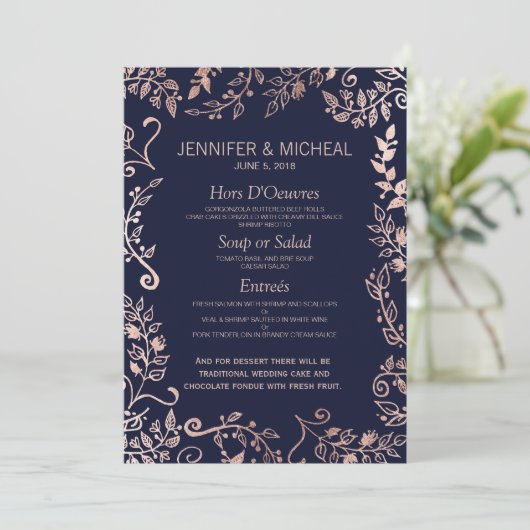Elegantes Hochzeitsmenü der Blue Rose Gold Floral Menükarte (Stehend Vorderseite)