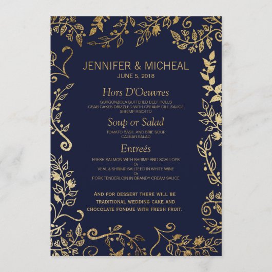 Elegantes Hochzeitsmenü der Navy und Gold Floral Menükarte (Vorderseite)