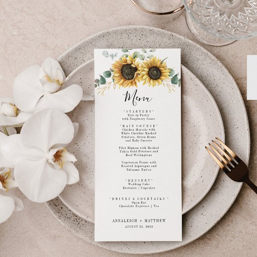 Elegantes Hochzeitsmenü für Sonnenblumen Eukalyptu Menükarte