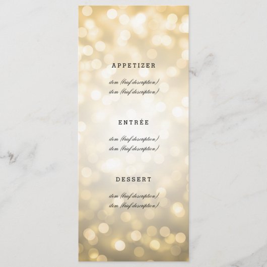 Elegantes Hochzeitsmenü Gold Glitzer Lights Menükarte (Vorderseite)