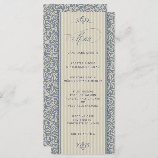 Elegantes Hochzeitsmenü in Blau und Beige Menükarte (Vorne/Hinten)