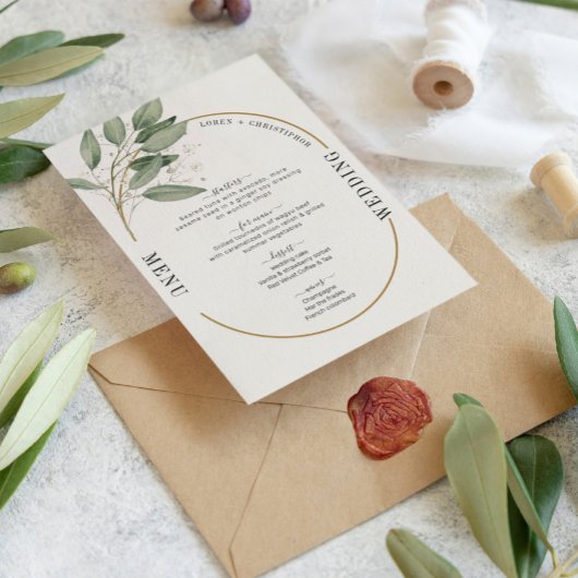 Elegantes Hochzeitsmenü in Grün und Gold Einladung