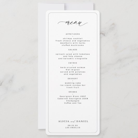 Elegantes Hochzeitsmenü in Schwarz-Weiß Einladung (Vorderseite)